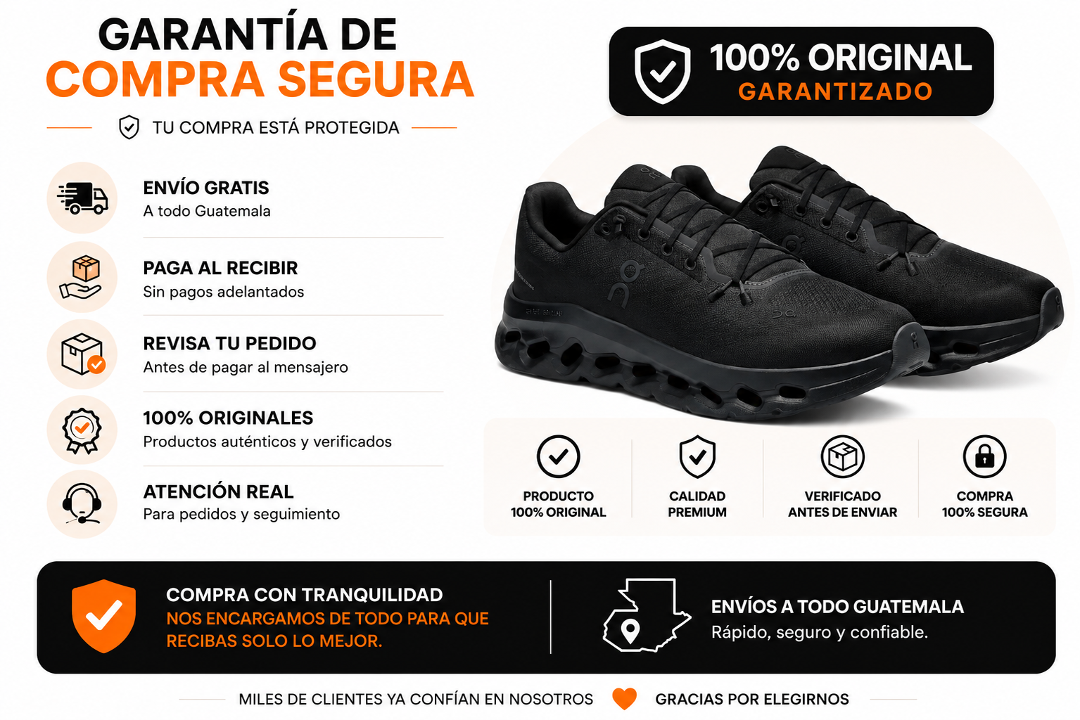 Garantía de compra segura: envío gratis, paga al recibir, revisa tu pedido, 100% originales, atención real y envíos a todo Guatemala