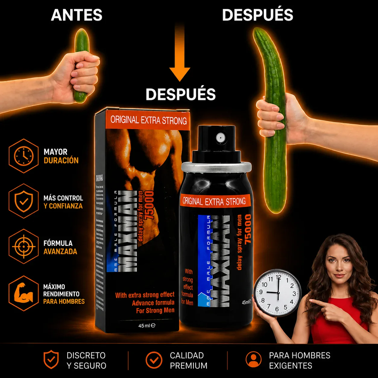 Antes y después con Maxman 75000 — mayor duración, control y confianza