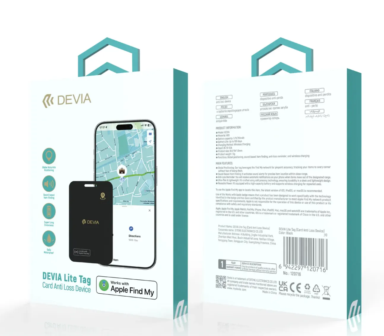 Caja oficial Devia Lite Tag con etiqueta Works with Apple Find My