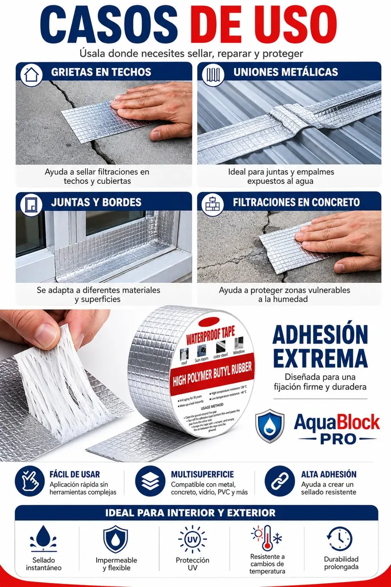 Casos de uso: grietas en techos, uniones metálicas, juntas, bordes y filtraciones en concreto