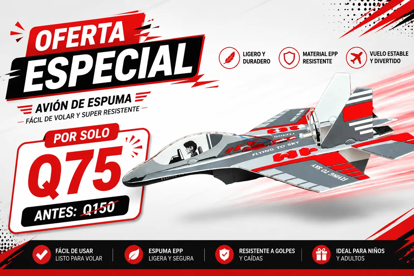 Oferta especial avión planeador de espuma por solo Q75 antes Q150