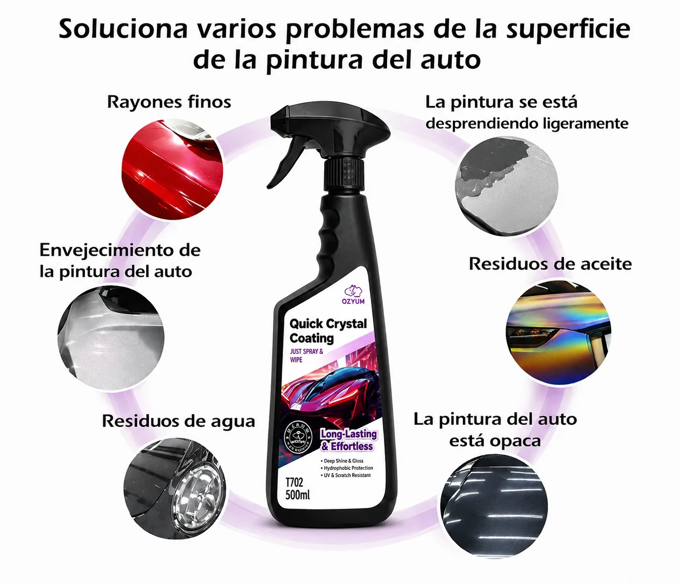 Soluciona varios problemas de la superficie de la pintura del auto: rayones finos, pintura desprendida, residuos de aceite, residuos de agua, envejecimiento y opacidad