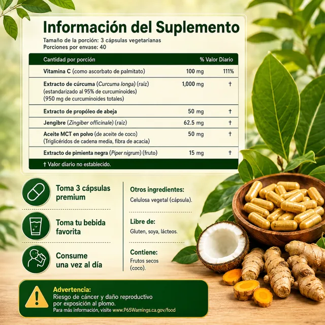 Información del suplemento Turmeric Curcumin con 120 cápsulas vegetarianas