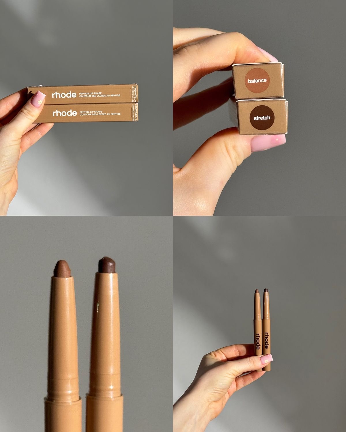 Fotos reales Rhode Peptide Lip Shape — empaque, tonos Balance y Stretch