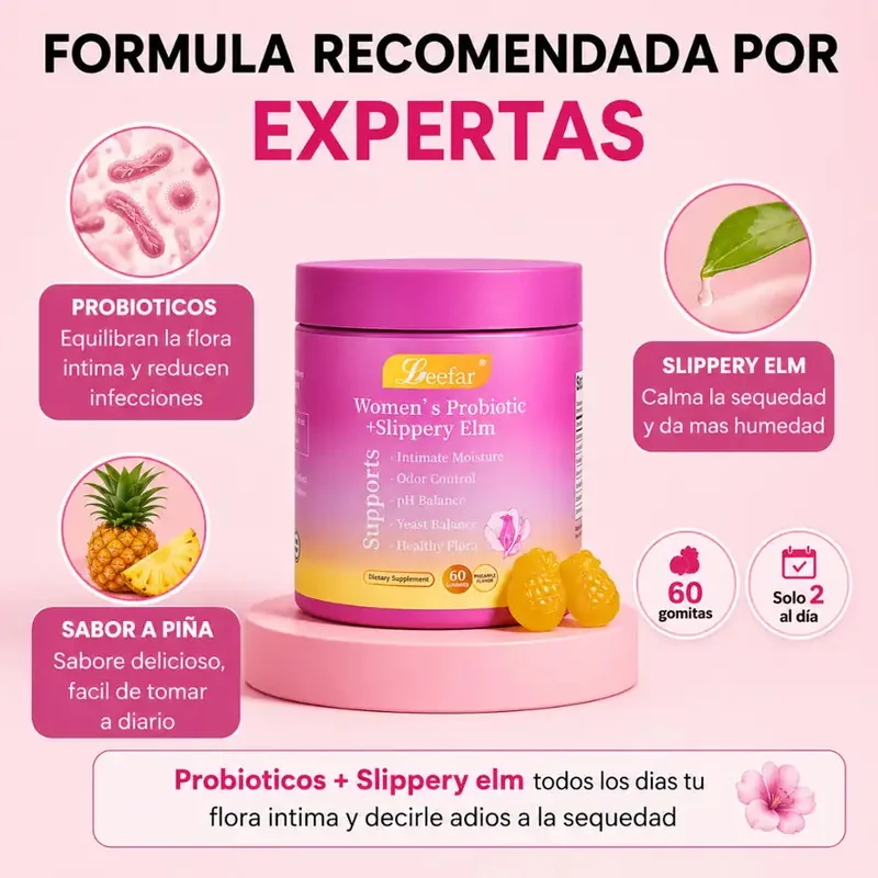 Fórmula recomendada por expertas: probióticos, Slippery Elm y sabor a piña