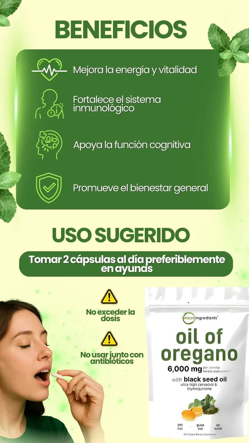 Aceite de orégano puro con carvacrol: fórmula natural, sin gluten y libre de GMO