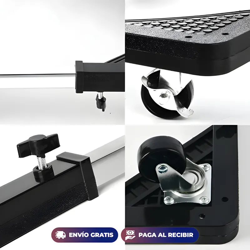 Detalle de rieles, tornillos de ajuste y ruedas con freno de la base
