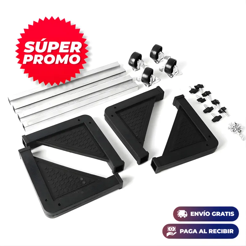 Piezas incluidas: 4 esquinas, 4 rieles, 4 ruedas con freno y tornillos