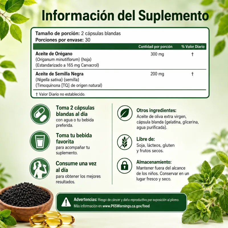 Tabla de información nutricional del aceite de orégano en cápsulas