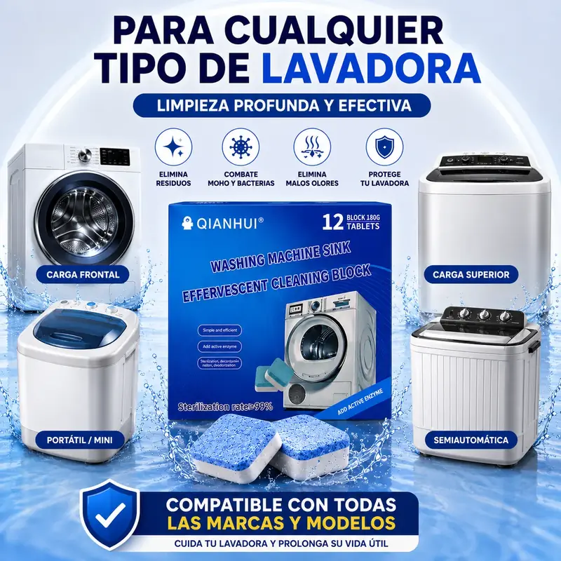 Compatible con cualquier tipo de lavadora: carga frontal, carga superior, portátil/mini y semiautomática
